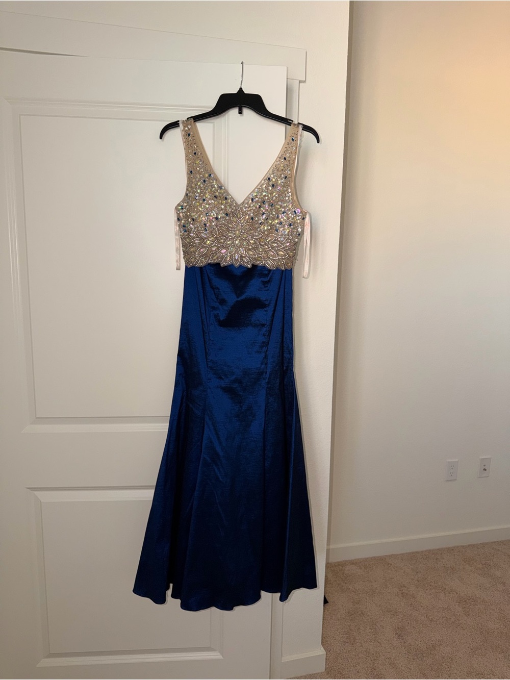 Embellished V-Neck Navy and Champagne Evening Dress